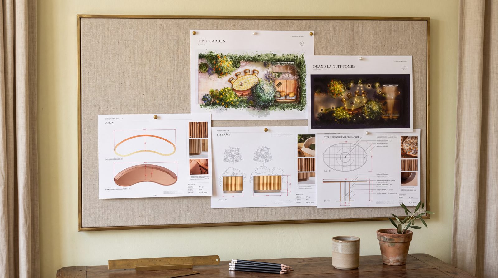 Planche d'inspiration de l'atelier — plans du jardin, banc et échantillons
