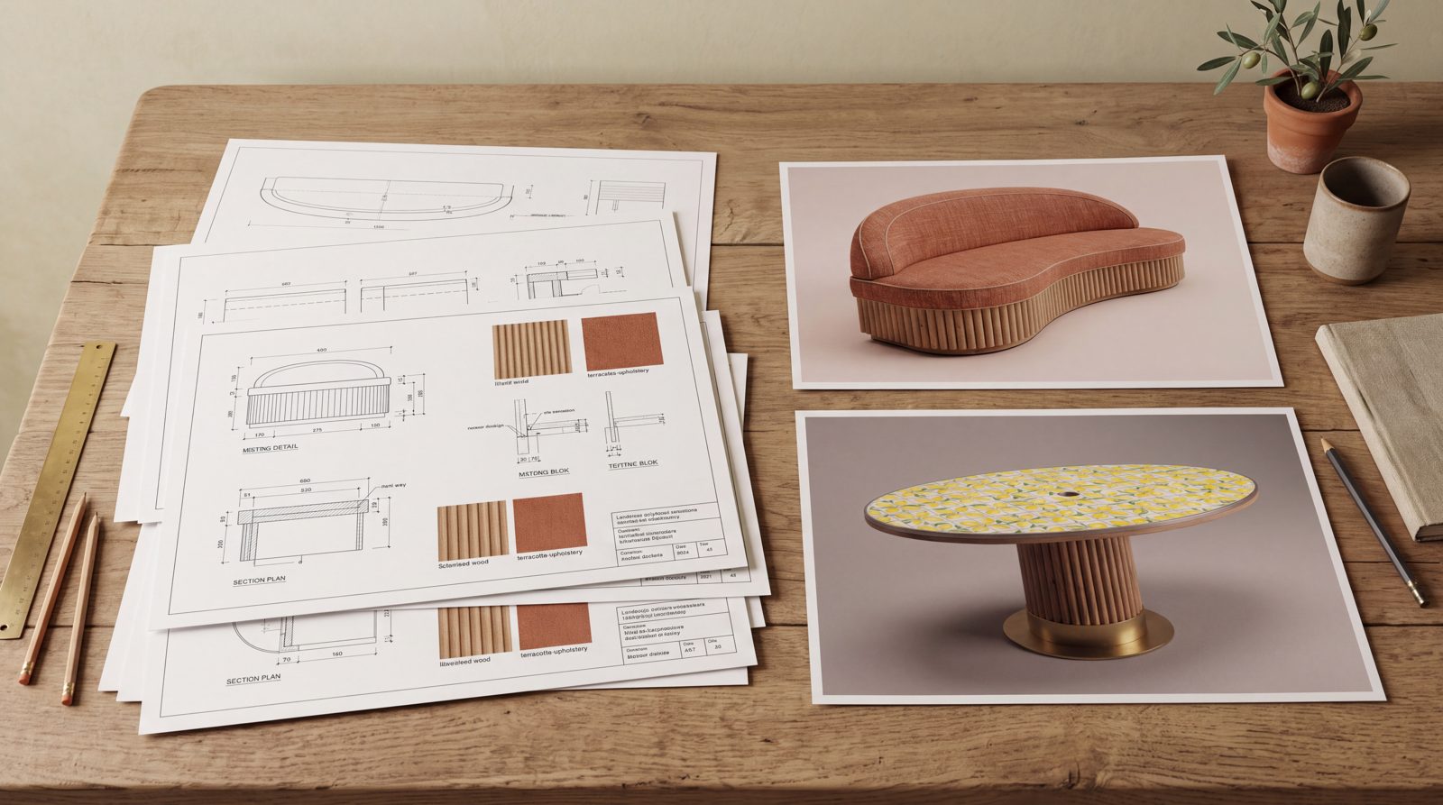 Plans techniques du banc sur mesure et rendus de la banquette et de la table