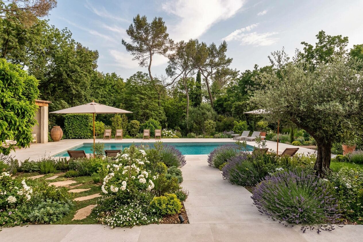 Bassin et jardin planté de lavande, parasol