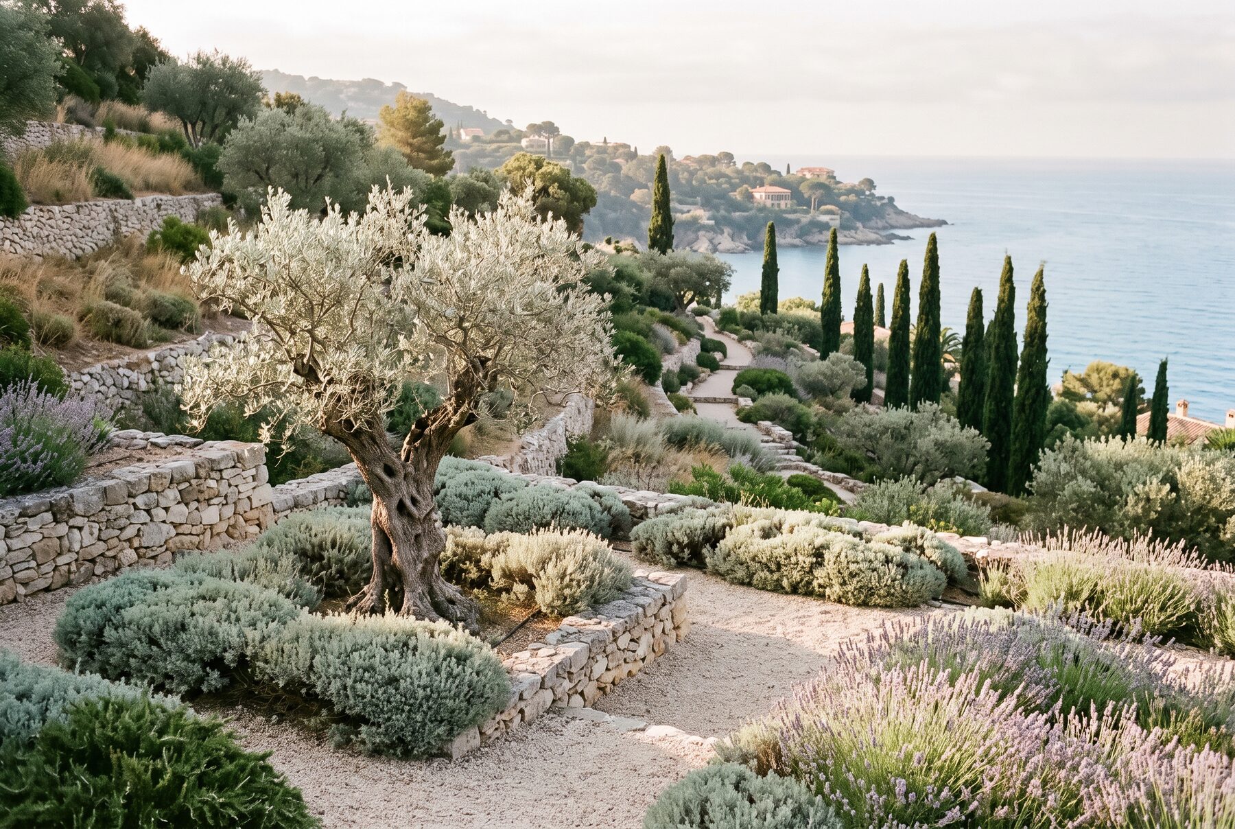 Oliveraie en terrasses avec vue sur mer — projet Cap Society