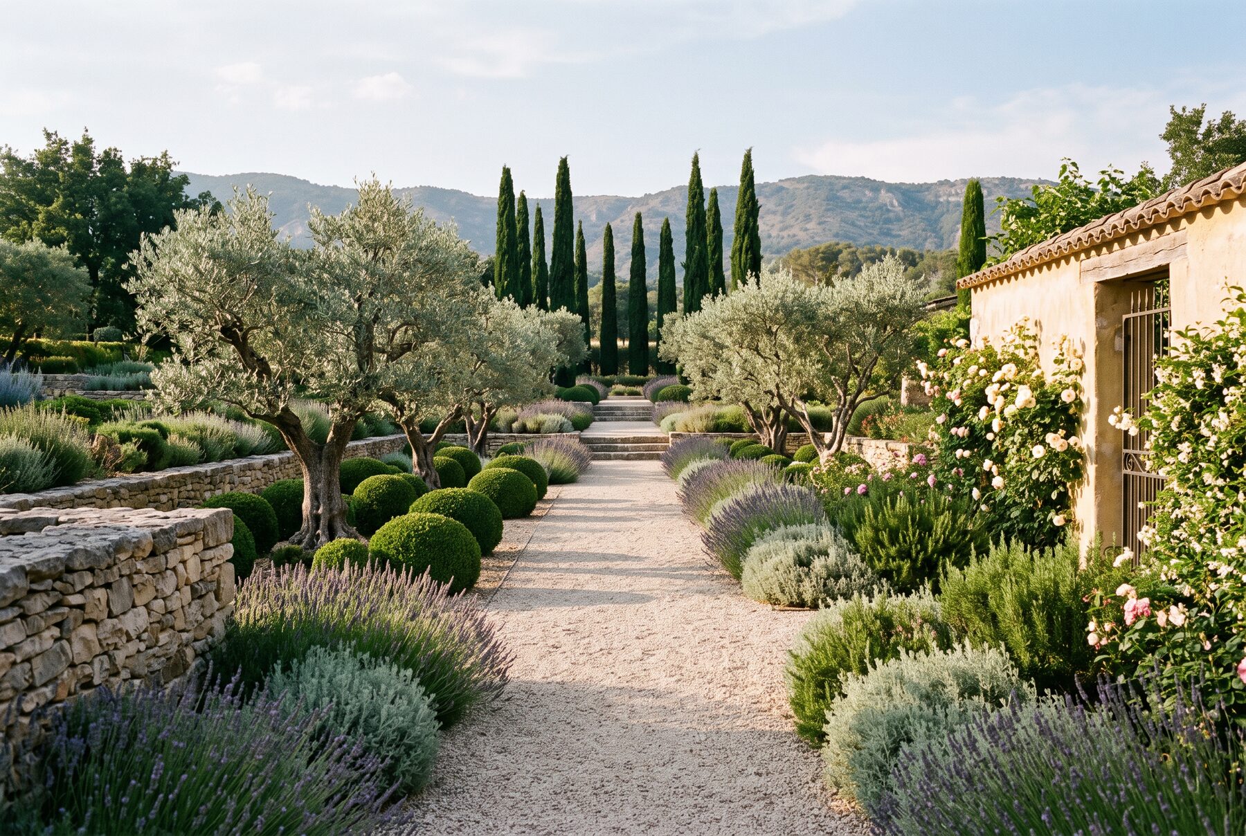 Allée de cyprès et d'oliviers dans la lumière de Provence