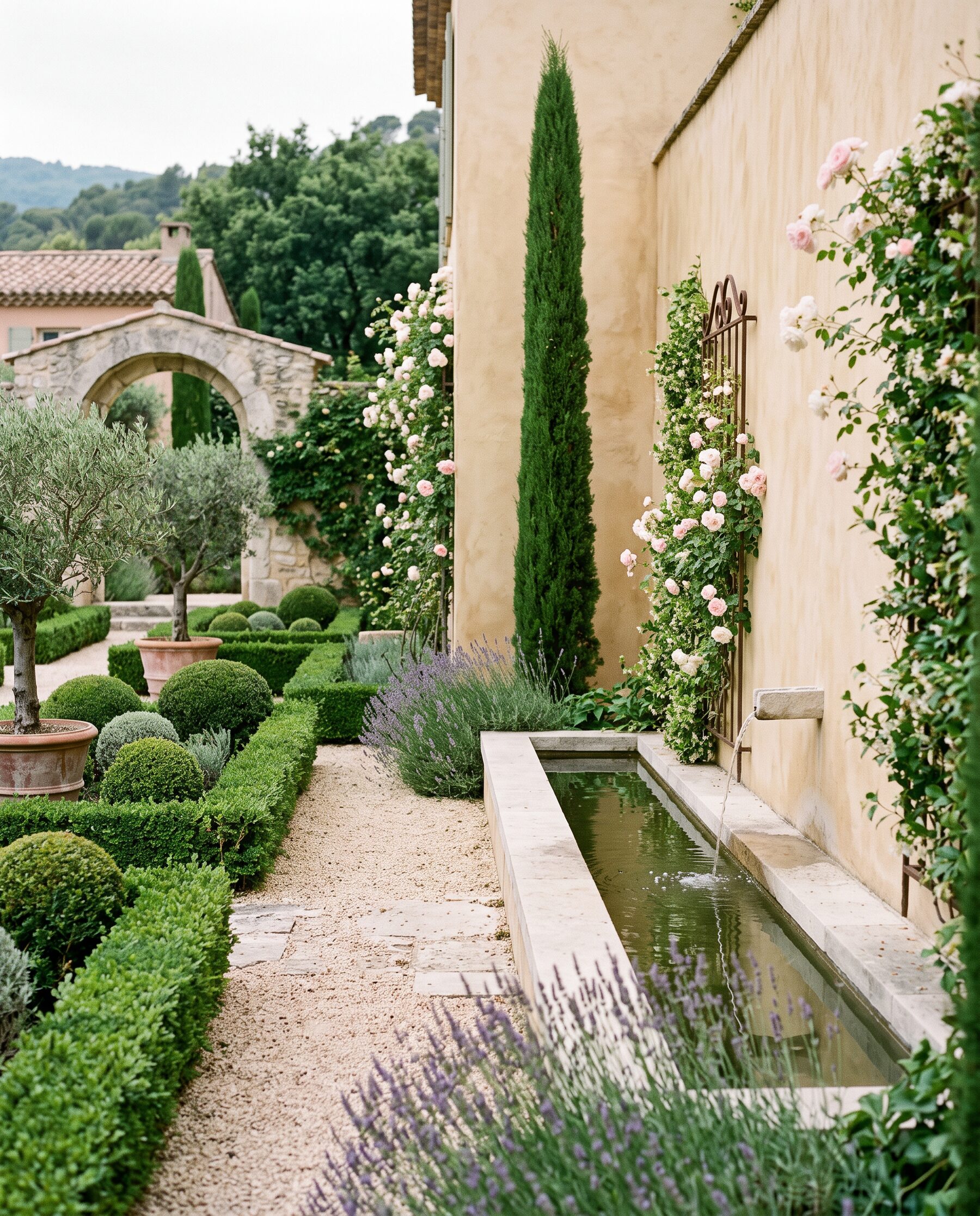 Jardin méditerranéen : canal de pierre, haies taillées et mur ocre