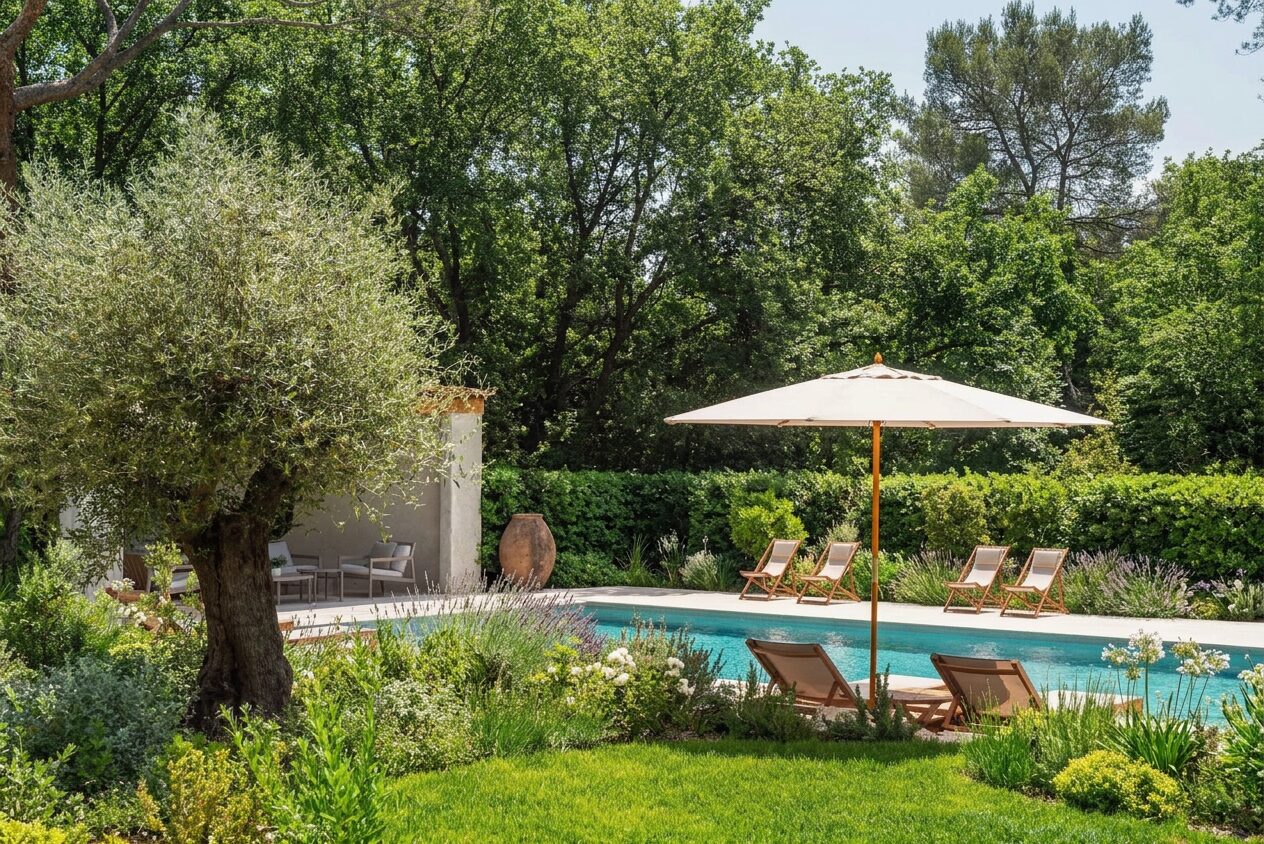 Olivier centenaire au bord de la piscine, pelouse