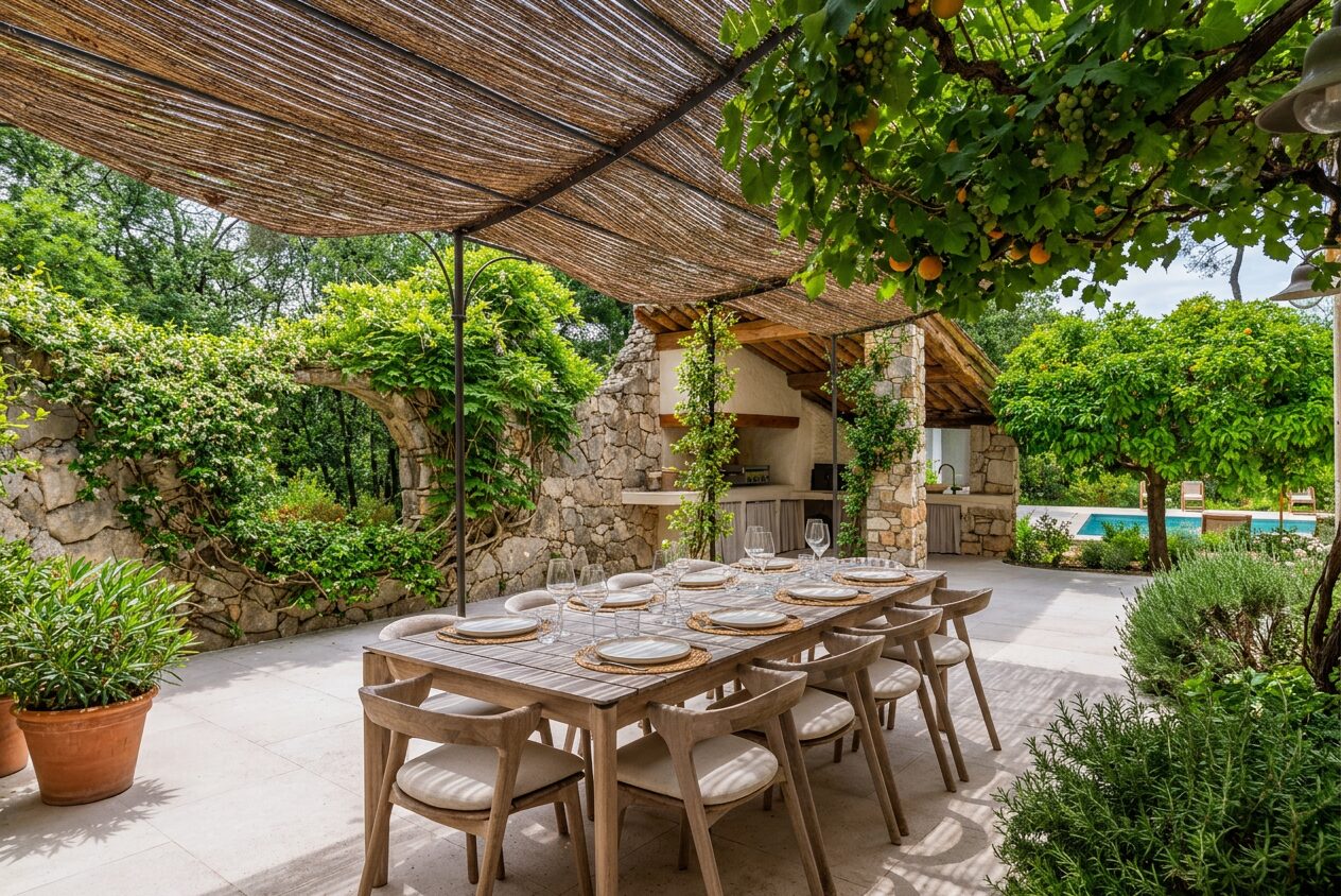 Terrasse couverte d'une pergola pour les repas en extérieur