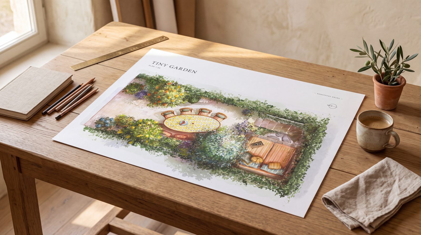 Plan dessiné à la main d'un petit jardin méditerranéen avec banquette et table sur mesure