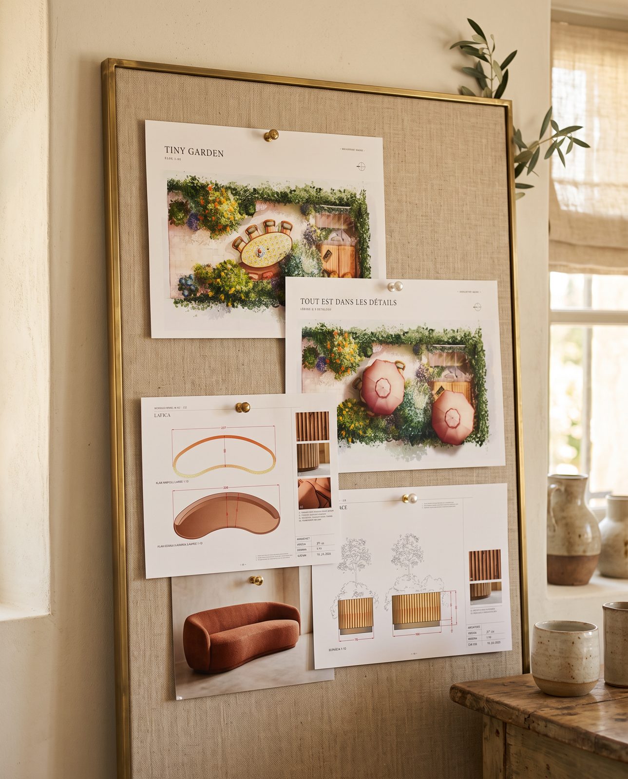 Planche de création du petit jardin — plans, banc et matières