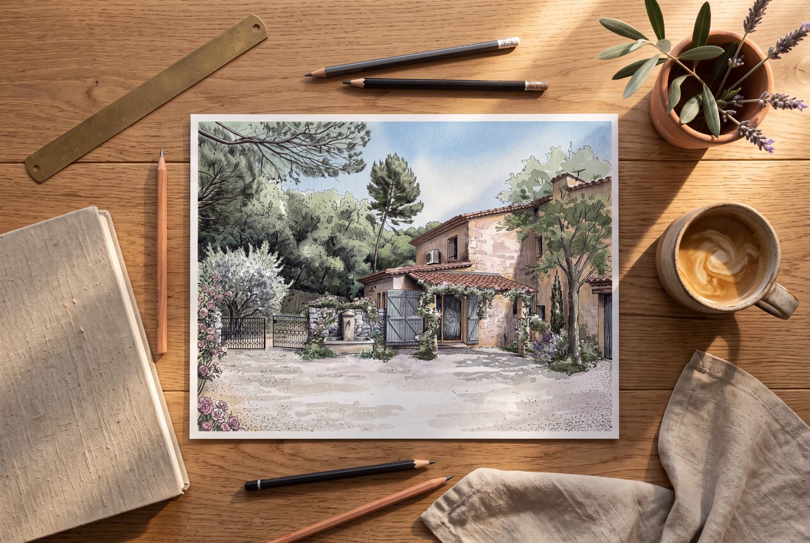 La maison de Roquefort-les-Pins, illustration dessinée à la main