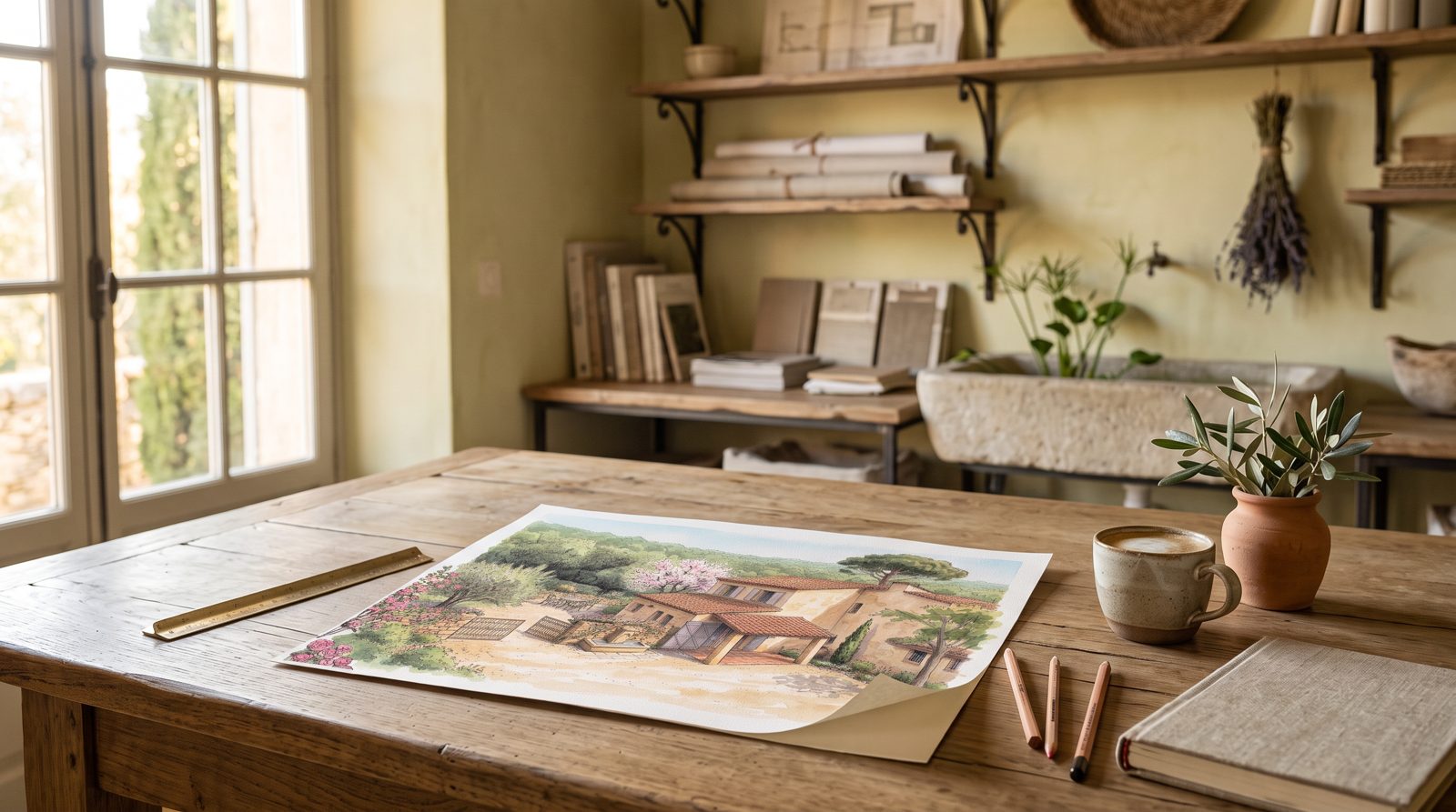 Le plan du jardin de Roquefort-les-Pins sur la table de l'atelier