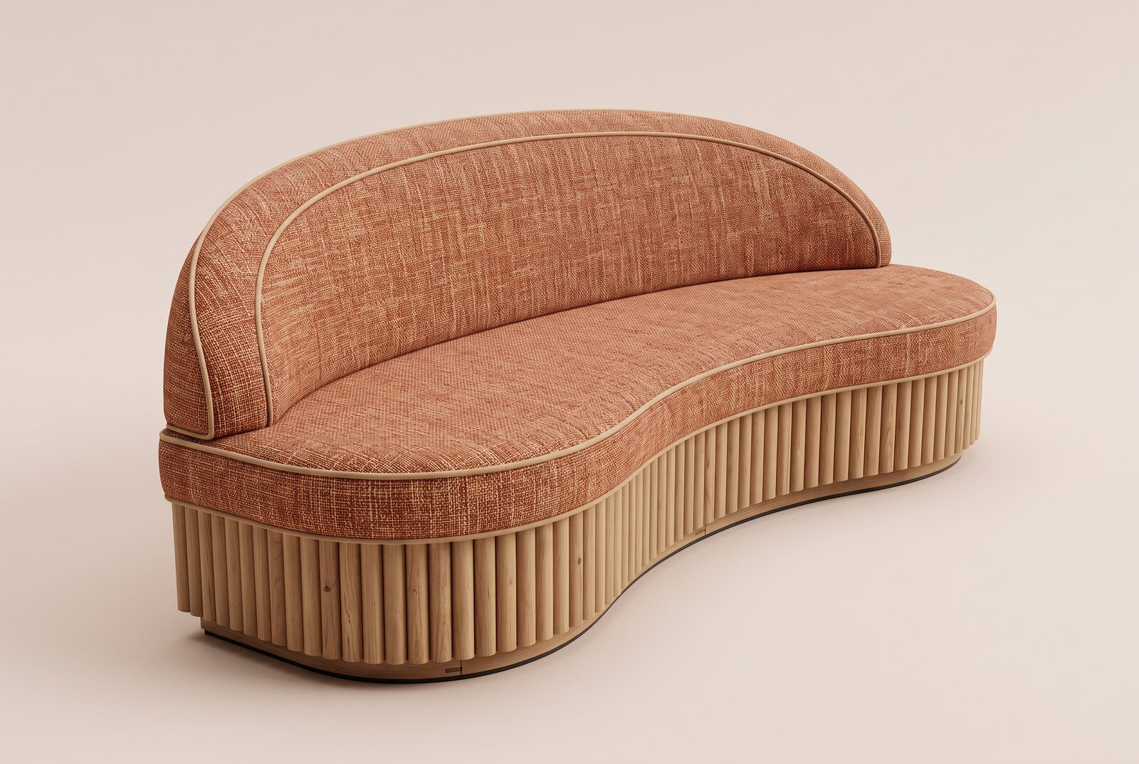 Banc courbe en velours terracotta sur socle cannelé
