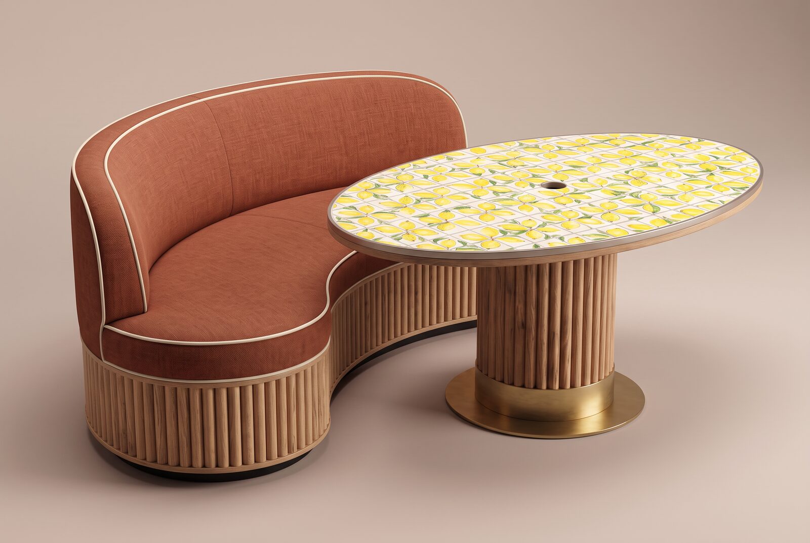 Le banc courbe accompagné d'une table basse cannelée