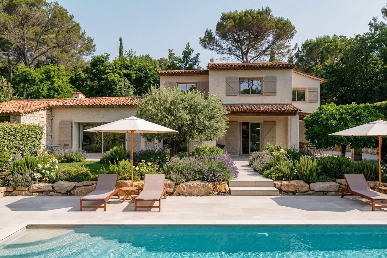 Piscine, transats et maison de pierre au soleil