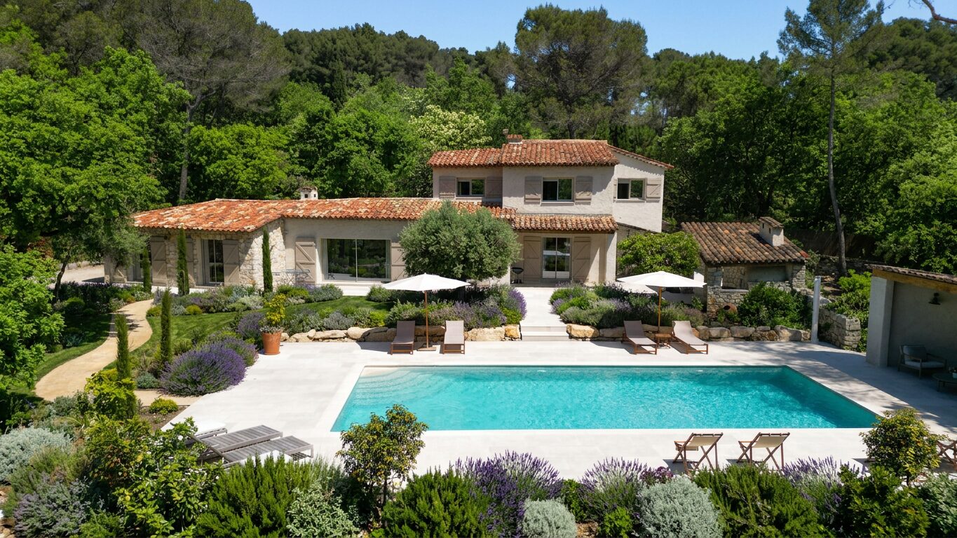 Piscine et jardin en fin de journée, maison de pierre